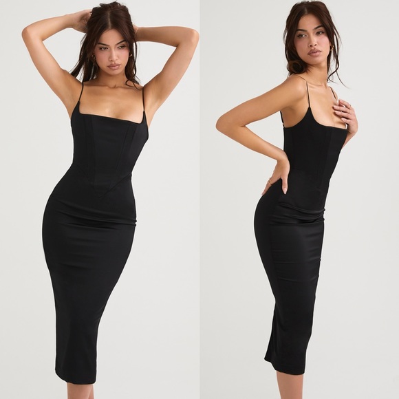 HOUSE OF CB 'Anais' Black Satin Pointed Corset Midi Dress - Picture 2 of 11